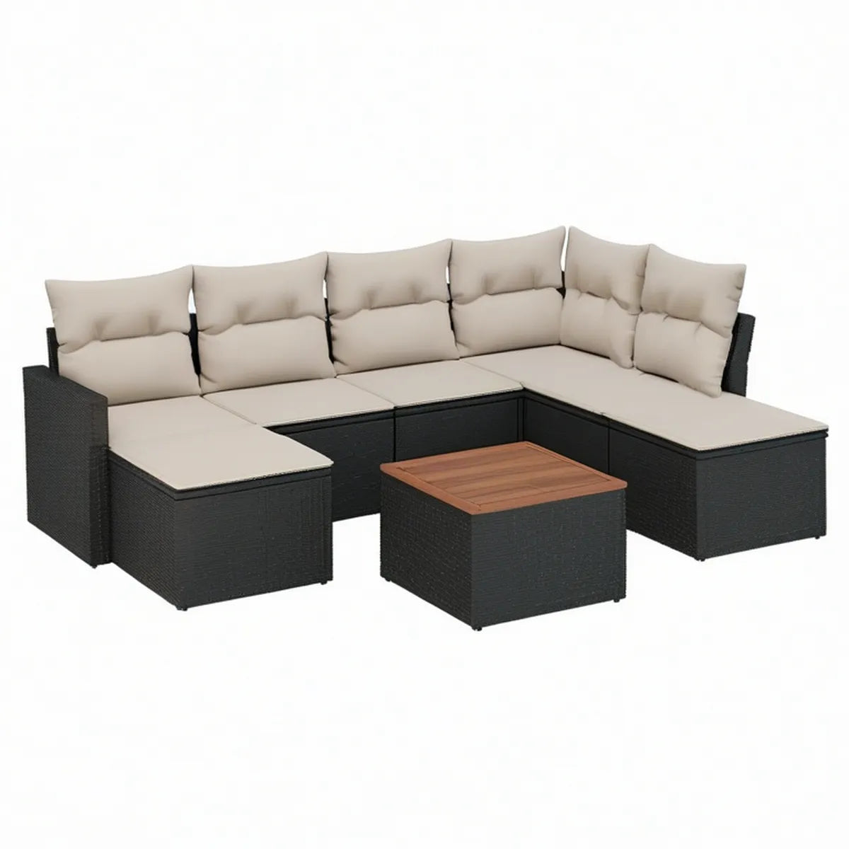 Conjunto de Sofá de Jardim em L com Mesa, Vime PE Preto, Almofadas Bege e Tampo Castanho, 250 x 250 x 63 cm