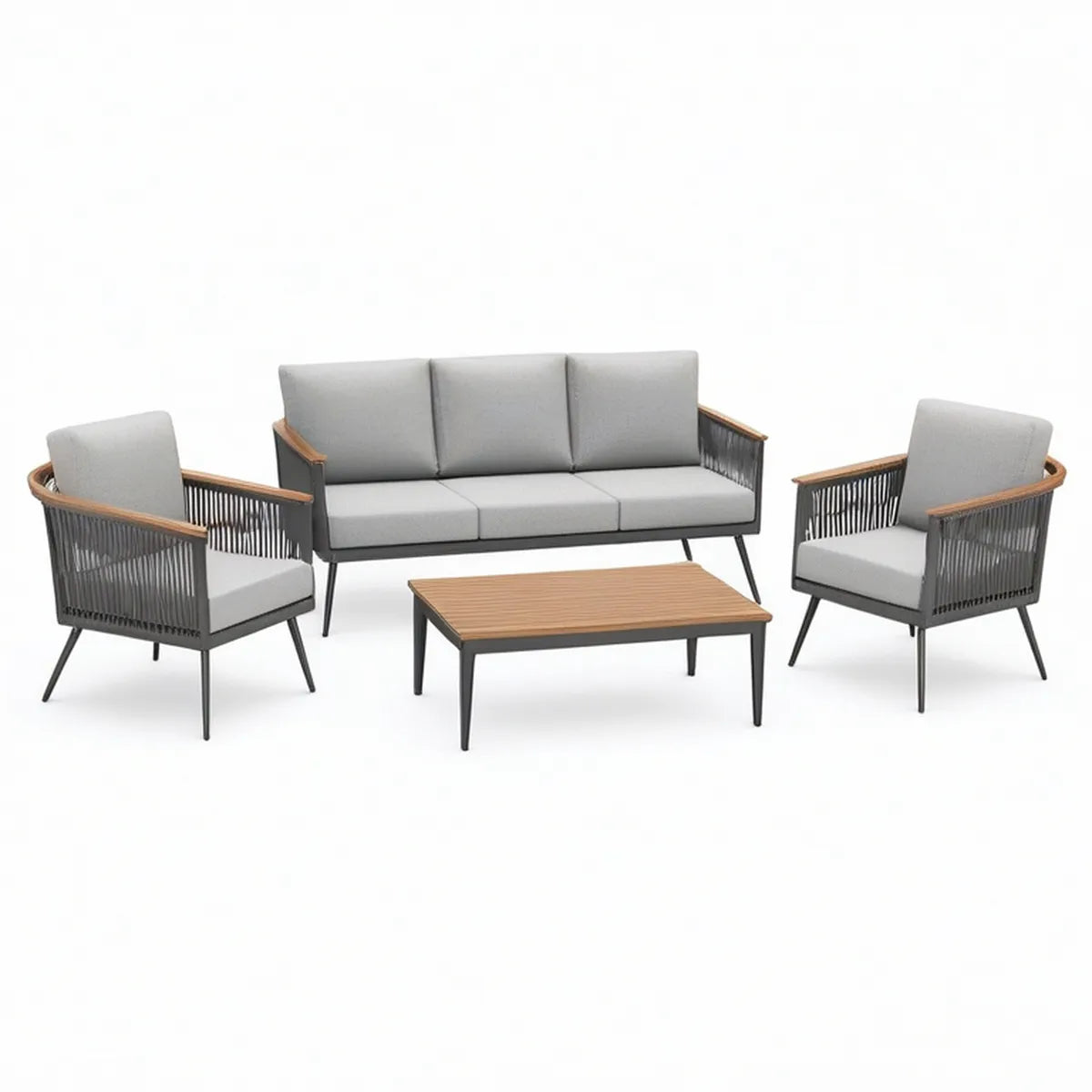 Conjunto de Jardim de 4 Peças com Sofá de 3 Lugares, 2 Poltronas e Mesa de Centro, Cinzento-Claro/Preto/Castanho Natural