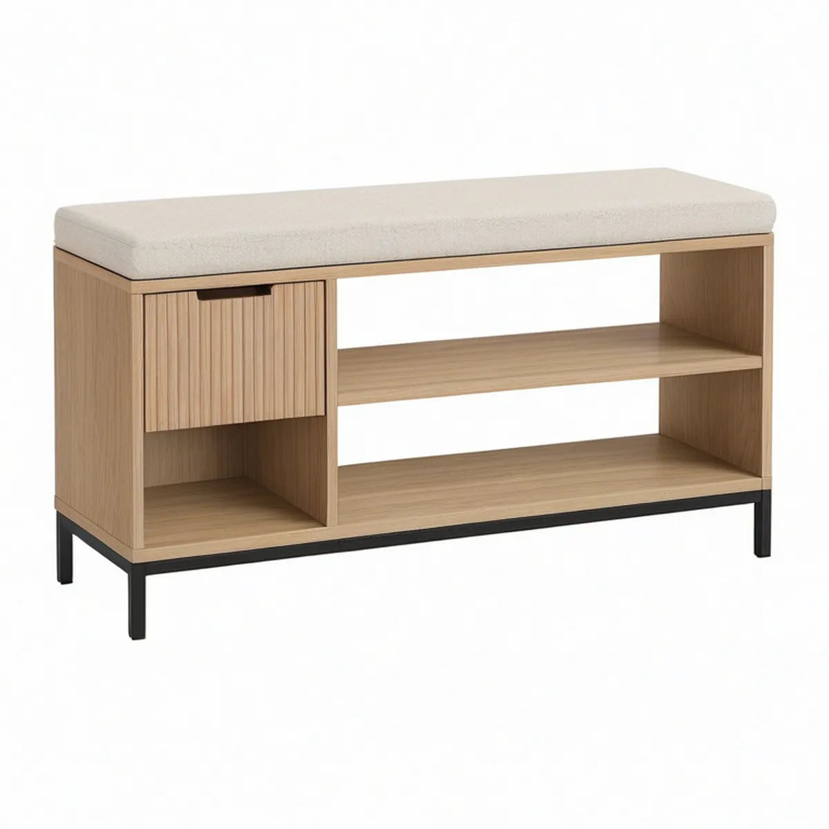 Sapateira com Banco em MDF Carvalho Claro, Almofada Bege e Estrutura Preta, 100 x 35 x 50 cm