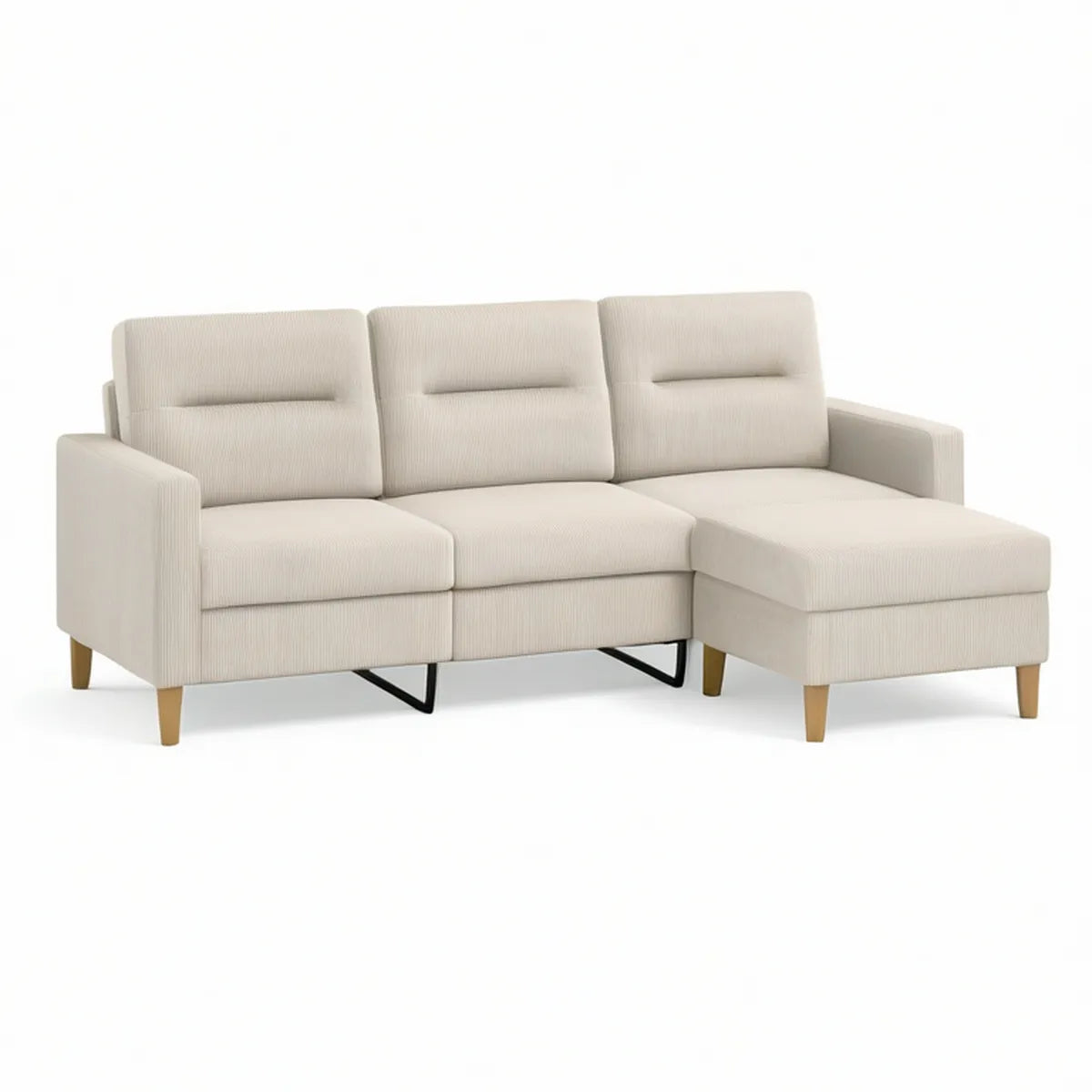 Sofá de Canto de 3 Lugares com Chaise Longue à Direita em Poliéster Canelado Bege, 250 x 155 x 85 cm