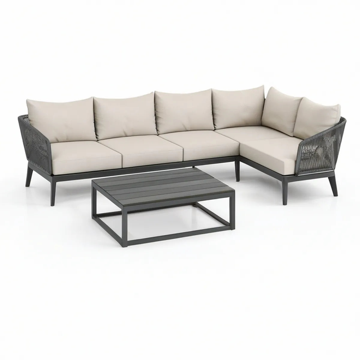 Conjunto de Exterior em L com Mesa de Centro 240 x 160 cm em Alumínio, Preto e Bege