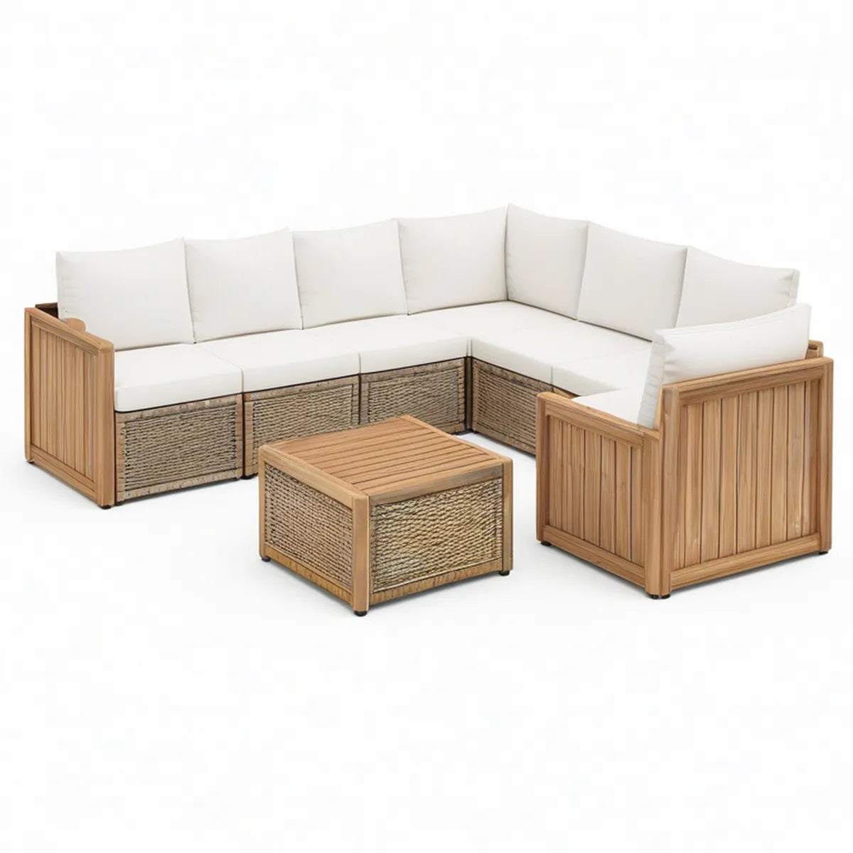 Conjunto de Jardim Modular de 5 Peças em Acácia e PE, Castanho Natural, Bege e Branco Creme, 230 x 230 x 70 cm