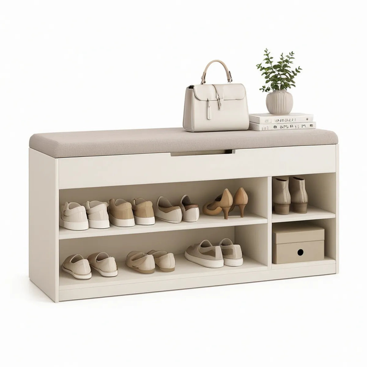 Banco com assento acolchoado e arrumação em MDF Branco e Bege 100 x 35 x 50 cm