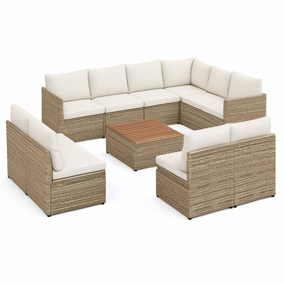 Conjunto de exterior em vime PE bege e castanho, 9 lugares, com mesa de centro 280 x 210 cm