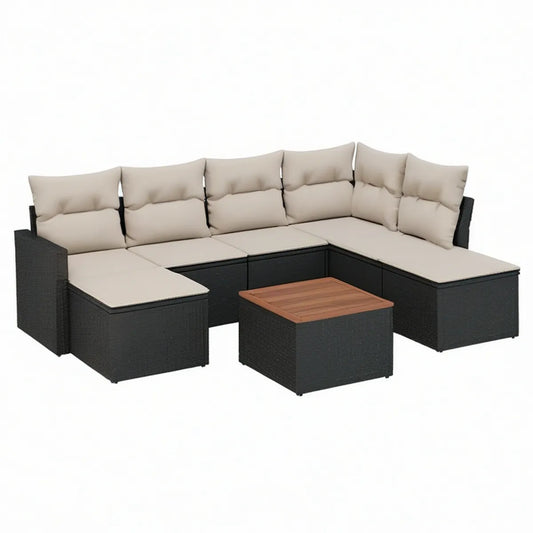 Conjunto de Sofá de Jardim em L com Mesa, Vime PE Preto, Almofadas Bege e Tampo Castanho, 250 x 250 x 63 cm