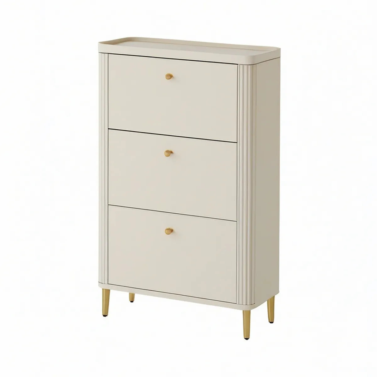 Sapateira Vertical com 3 Portas Basculantes em MDF Branco Marfim e Dourado, 80 x 35 x 120 cm