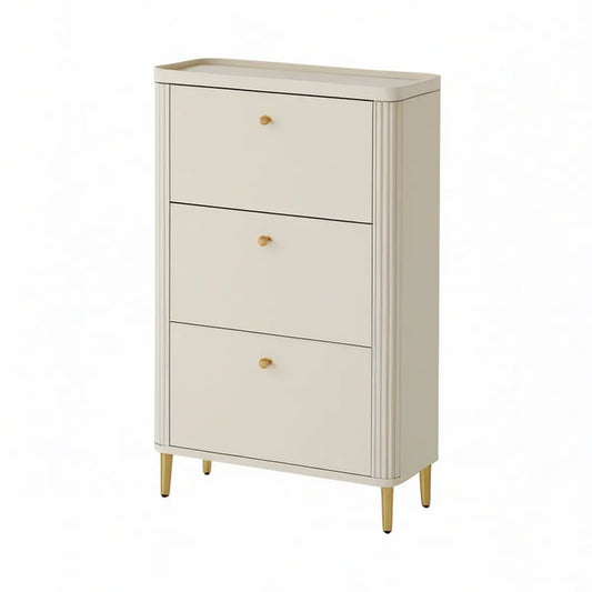 Sapateira Vertical com 3 Portas Basculantes em MDF Branco Marfim e Dourado, 80 x 35 x 120 cm