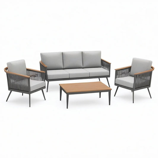 Conjunto de Jardim de 4 Peças com Sofá de 3 Lugares, 2 Poltronas e Mesa de Centro, Cinzento-Claro/Preto/Castanho Natural