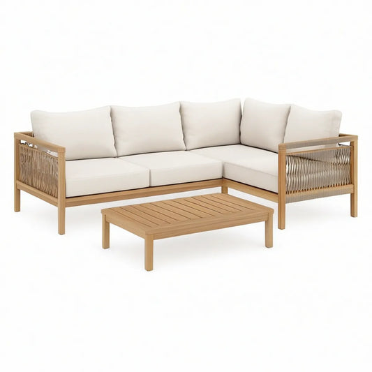 Conjunto de exterior de canto em L com mesa, madeira de acácia, castanho natural, bege e creme, sofá 210 x 210 x 72 cm, mesa 100 x 60 x 40 cm