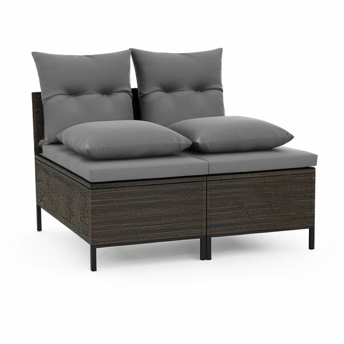 Sofá de Jardim Modular de 2 Lugares em Vime PE Castanho-Escuro com Almofadas Cinzentas, 140 x 70 x 75 cm