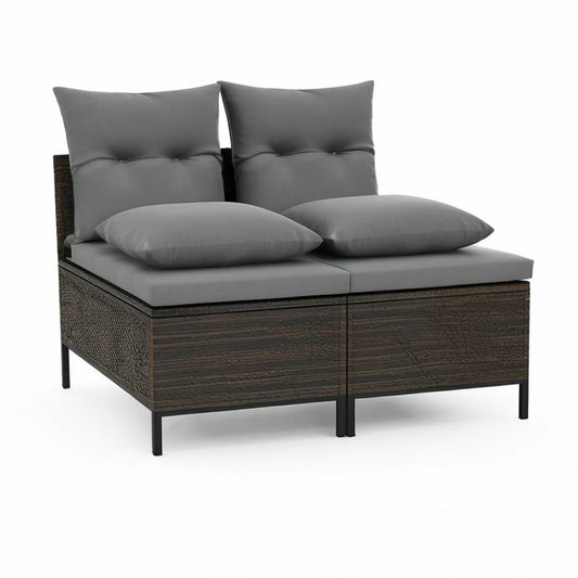Sofá de Jardim Modular de 2 Lugares em Vime PE Castanho-Escuro com Almofadas Cinzentas, 140 x 70 x 75 cm