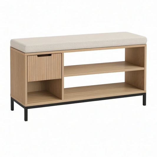 Sapateira com Banco em MDF Carvalho Claro, Almofada Bege e Estrutura Preta, 100 x 35 x 50 cm