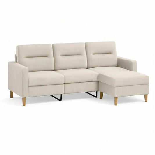 Sofá de Canto de 3 Lugares com Chaise Longue à Direita em Poliéster Canelado Bege, 250 x 155 x 85 cm