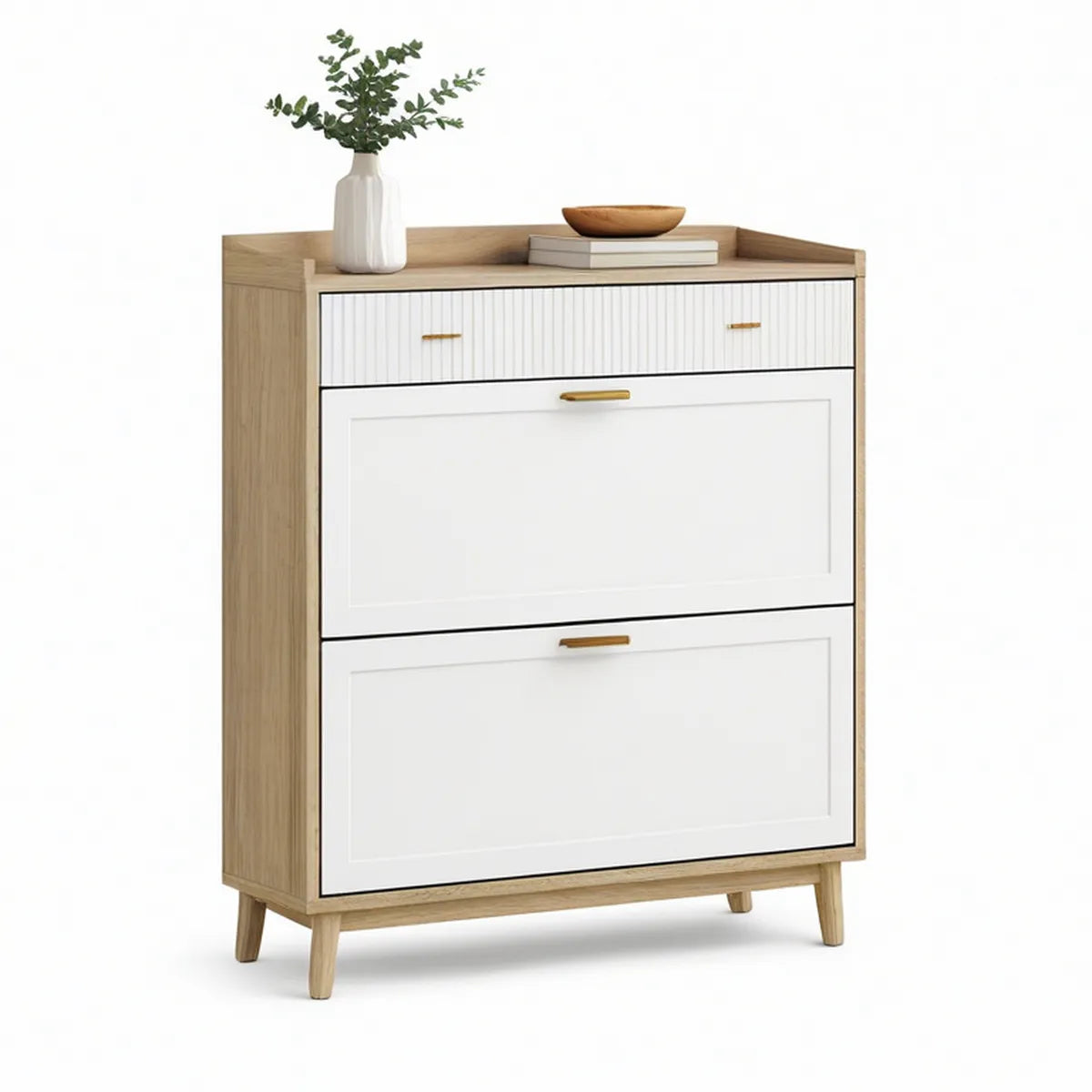 Sapateira em MDF Branco e Carvalho Natural com 2 Compartimentos Basculantes e Gaveta, 80 x 35 x 110 cm