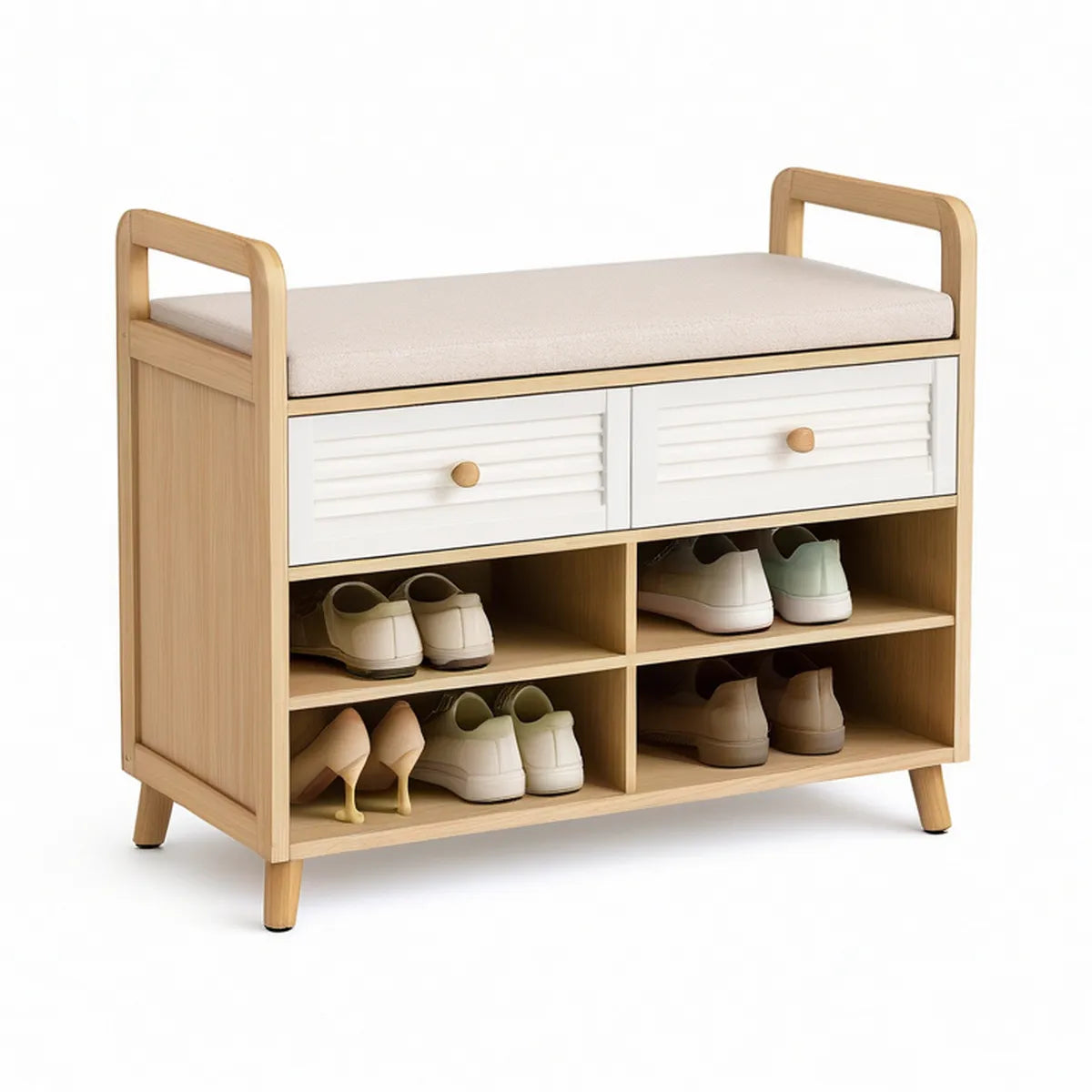 Banco Retangular com Arrumação em Bambu e MDF Natural, Branco e Bege 100 x 35 x 85 cm