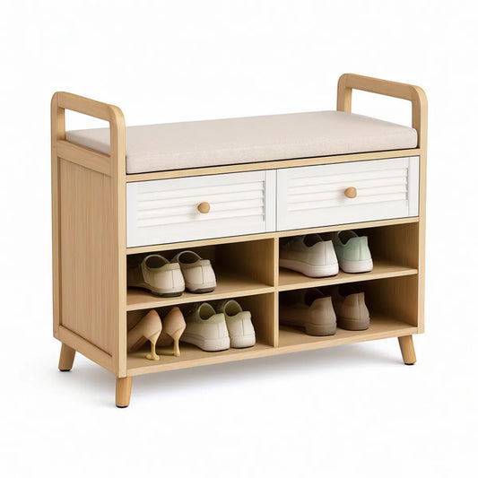 Banco Retangular com Arrumação em Bambu e MDF Natural, Branco e Bege 100 x 35 x 85 cm