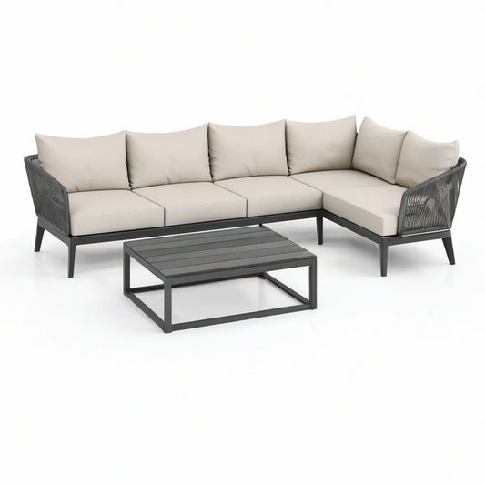 Conjunto de Exterior em L com Mesa de Centro 240 x 160 cm em Alumínio, Preto e Bege
