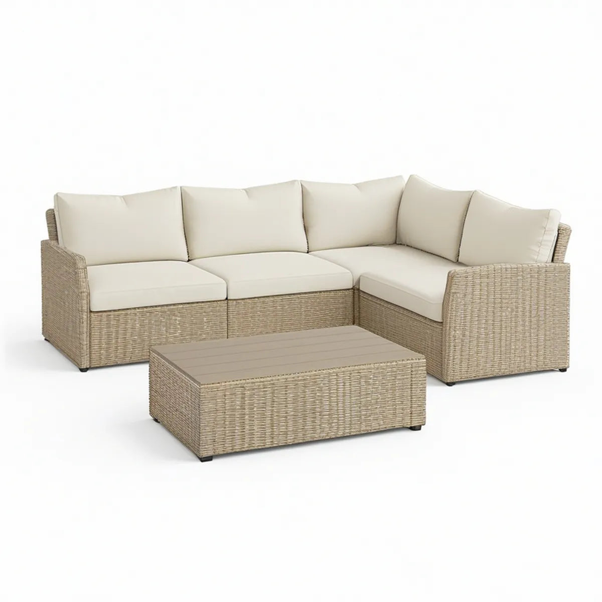Conjunto de Sofá de Jardim em L para 3 Lugares com Mesa, 220 x 160 cm, Bege e Creme