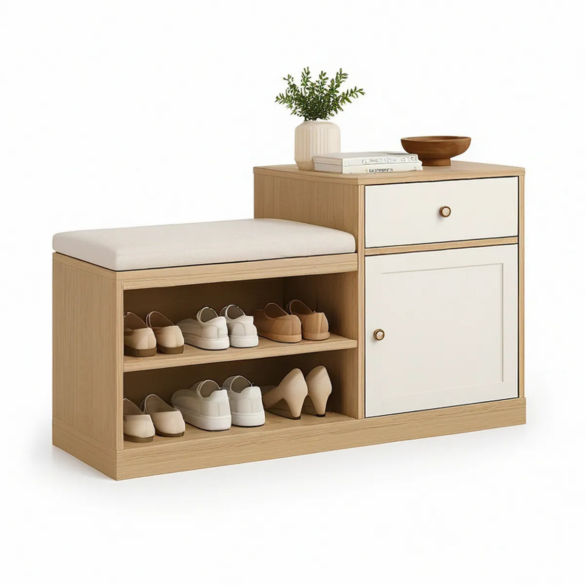 Sapateira com Banco em MDF Carvalho Claro, Branco e Bege 100 x 35 x 55 cm