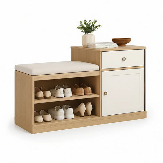 Sapateira com Banco em MDF Carvalho Claro, Branco e Bege 100 x 35 x 55 cm