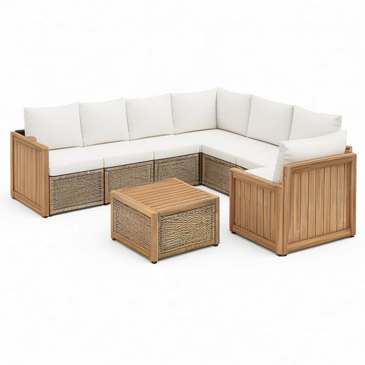Conjunto de Jardim Modular de 5 Peças em Acácia e PE, Castanho Natural, Bege e Branco Creme, 230 x 230 x 70 cm