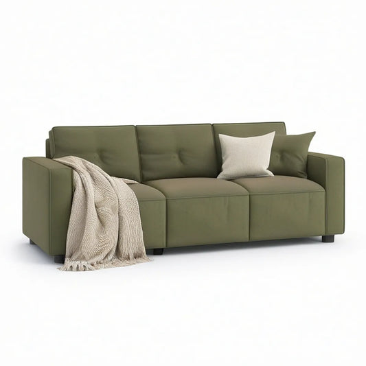 Sofá de 3 Lugares Retangular em Veludo de Poliéster Verde-oliva, 220 x 90 x 85 cm