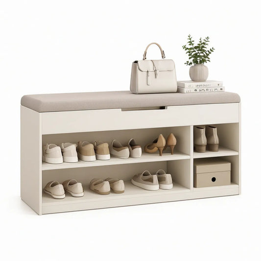 Banco com assento acolchoado e arrumação em MDF Branco e Bege 100 x 35 x 50 cm