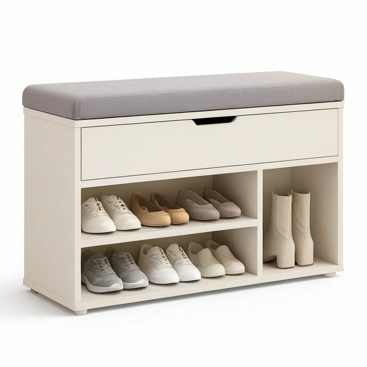 Banco Acolchoado com Arrumação em MDF Branco e Cinzento, 100 x 35 x 55 cm