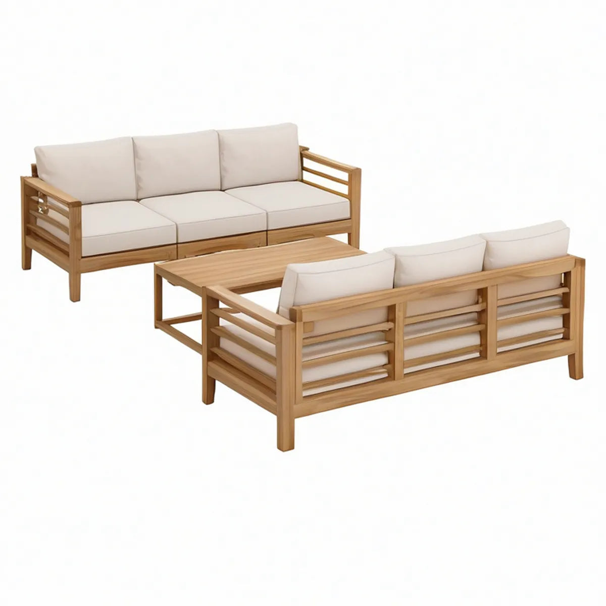 Conjunto de Jardim em Madeira Maciça de Acácia Castanho com Almofadas Bege, 2 Sofás de 3 Lugares 200 x 75 x 70 cm e Mesa 120 x 60 x 45 cm