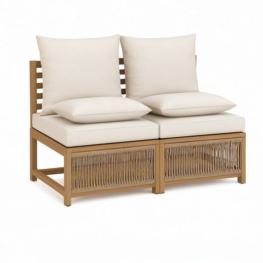 Conjunto modular de 2 lugares em madeira maciça de acácia com corda e almofadas bege, 128 x 66 x 65 cm