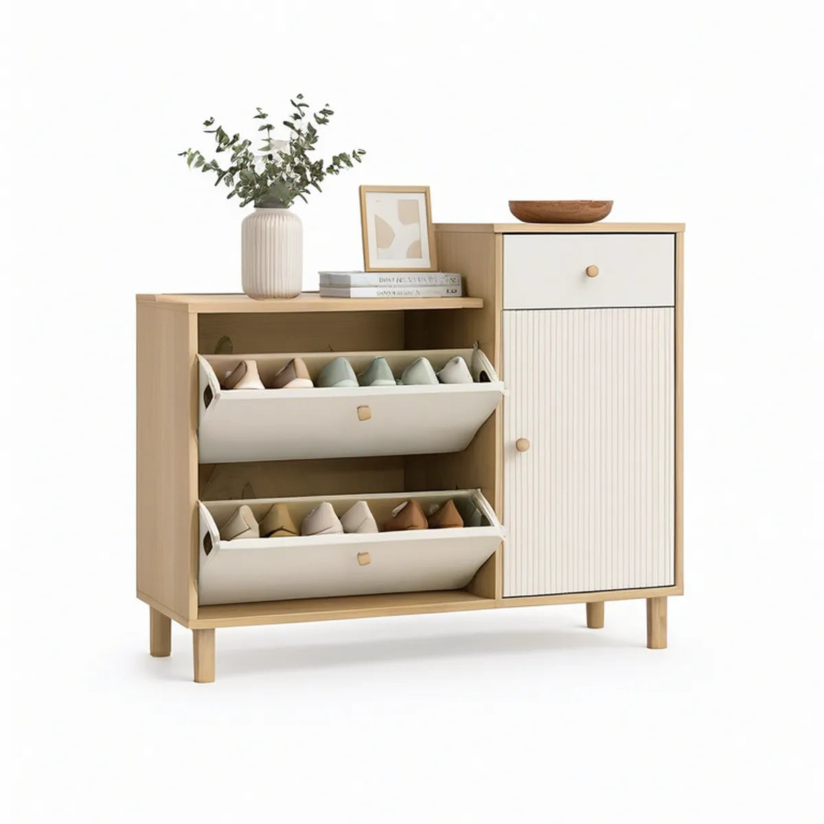 Sapateira em MDF Branco e Madeira Natural com 2 Gavetas Basculantes e Armário Lateral, 100 x 35 x 95 cm