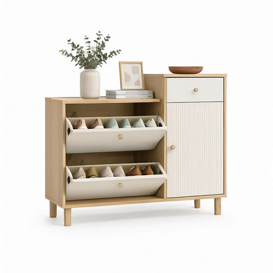 Sapateira em MDF Branco e Madeira Natural com 2 Gavetas Basculantes e Armário Lateral, 100 x 35 x 95 cm